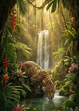 Jaguar drinks from jungle waterfall