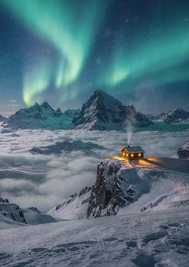 Cozy Cabin Under Aurora Borealis