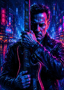 Man with Guitar in Neon City
