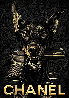 Doberman with Gun and Chanel Logo