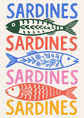 Sardines Poster, Colorful Coastal Fish Wall Art, Playful Mediterranean Style Print