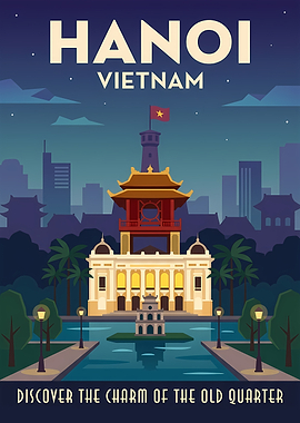 Hanoi Vietnam Vintage Travel Poster