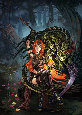 Elf Warrior with Dragon and Scythe