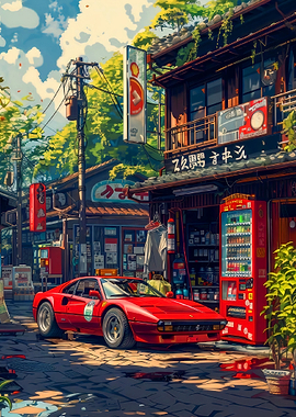 Red Ferrari in Japanese Street