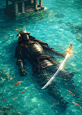 Samurai Floating in Water with Koi Fish