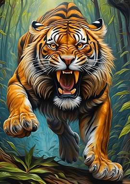 Fierce Tiger Roaring in Jungle