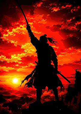 Samurai Silhouette Against Fiery Sunset