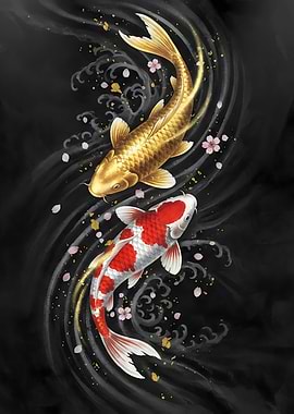 Golden & Red Koi Fish with Cherry Blossoms – Japanese Zen Art