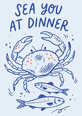 Whimsical Blue Crab Ocean Wall Art Poster – Playful Underwater Fish Illustration