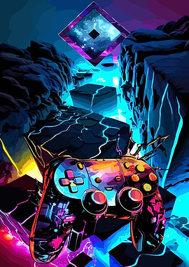 Cyberpunk Game Controller in Neon Landscape