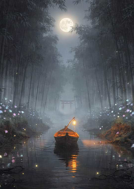 Mystical Boat Journey Under the Moon