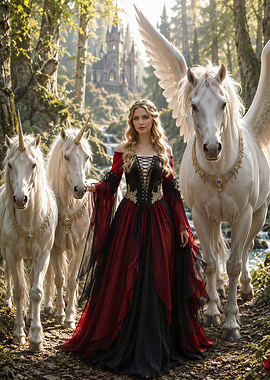Fantasy Princess with Unicorns and Pegasus