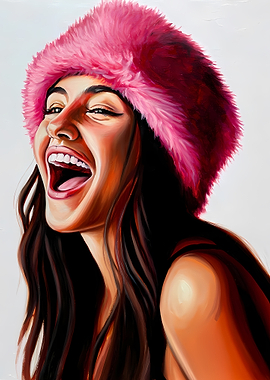 Woman in Pink Faux Fur Hat Laughing