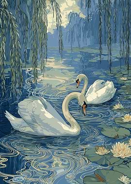 Two Swans on a Lily Pond