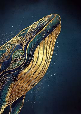 Golden Whale on Dark Blue Background