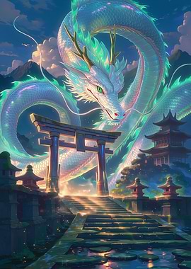 Celestial Japanese Dragon Over Torii Gate