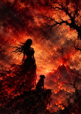 Woman and Dog in Fiery Landscape