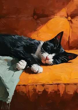 Black and White Cat Sleeping on Orange Couch
