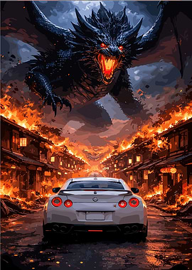 Dragon Over Burning City with Sports Car