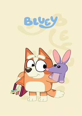 Bluey with a book and puppet