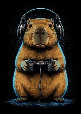 Capybara Gamer with Headphones and Controller