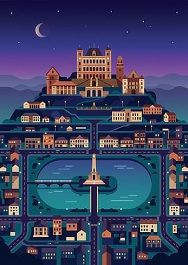 Nighttime Cityscape with Castle and Lake