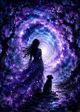 Woman and Dog in a Cosmic Forest