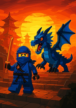 Ninja and Dragon at Sunset