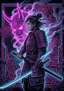 Neon Samurai with Oni Mask