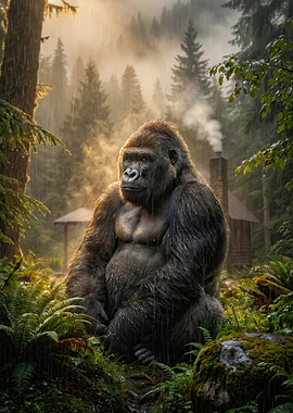 Gorilla in a Rainy Forest