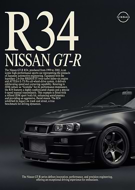 dark black Nissan GT-R R34 car poster