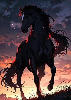 Black Horse in Fiery Sunset