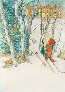 Carl Larsson, Girl Putting on Skis (1911)