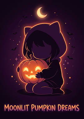 A dark chibi anime girl in a hood with cat ears holding glowing jack-o'-lantern!