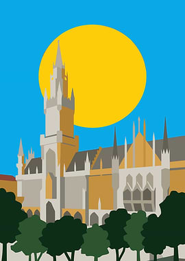 Stylized Cityscape with Sun and Trees