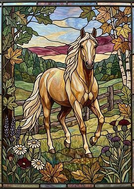 Stained Glass Horse in Autumn Landscape