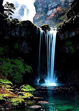 Majestic Waterfall in a Lush Forest