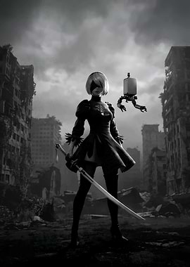 NieR Automata 2B Ruined City Monochrome Art
