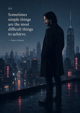 Keanu Reeves quote on a rainy cityscape