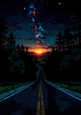 Winding Road Under a Starry Sunset Sky