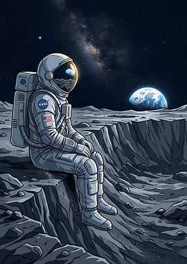 Lonely Astronaut Sitting on Moon Vector