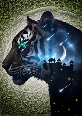 Tiger with Cosmic Night Sky Overlay