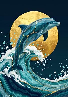 Dolphin Jumping Through Waves Golden Moon