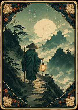 Monk with Lantern in Misty Mountains Tarot Card