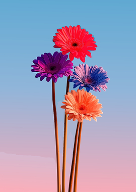 Colorful Gerbera Daisies Against Gradient Sky