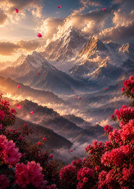 Misty Mountain Landscape with Pink Flowers