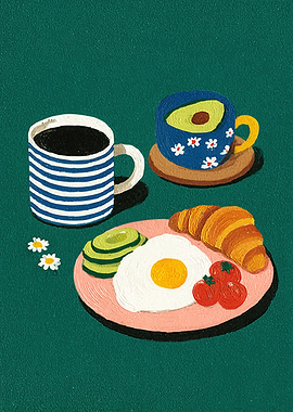 Artistic Breakfast Scene with Coffee and Croissant
