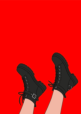 Black Combat Boots on Red Background