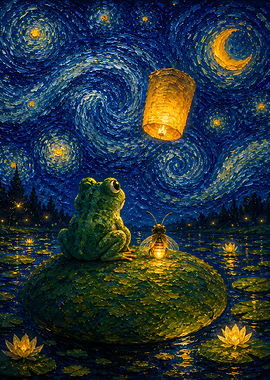 Frog and Firefly under Starry Night Sky