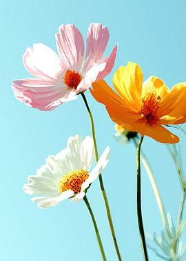 Cosmos Flowers Against Blue Sky
